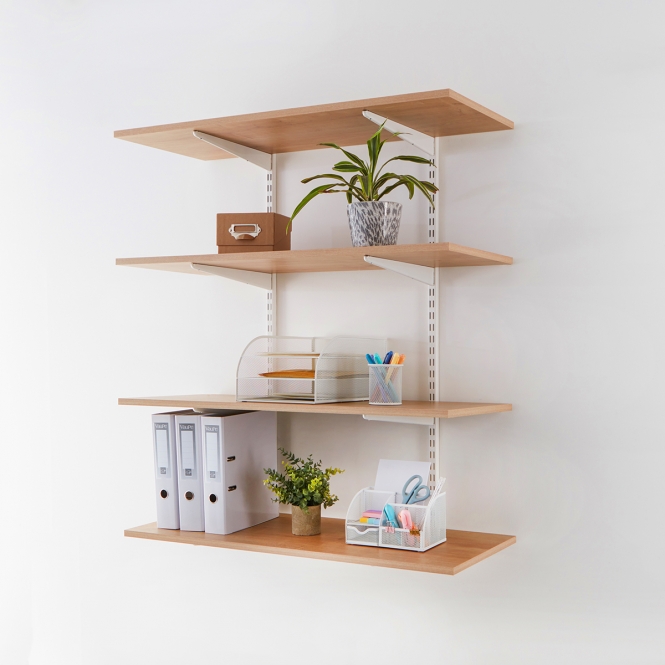 Office Wall Mounted Shelving Kits In White With Oak Melamine Shelves