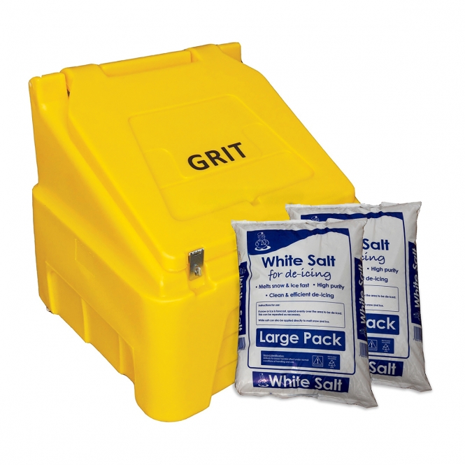 Heavy Duty 200L Grit And Salt Bin With De-Icing Salt | 8 x 25kg Bags