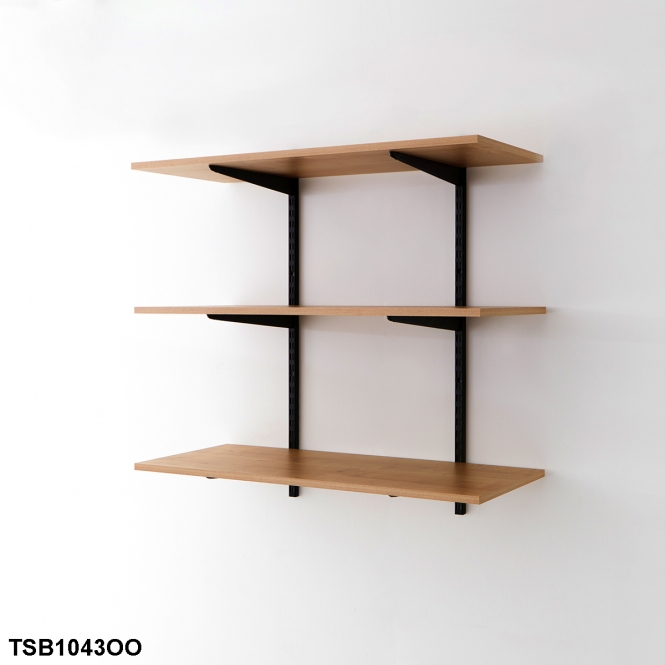 Twin Slot Black Wall Mounted Shelving Kits With Oak Melamine Shelves