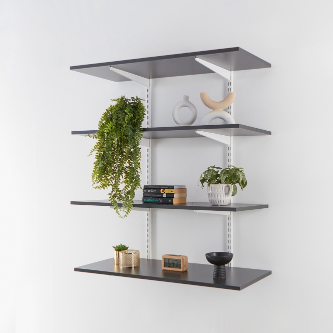 Twin Slot White Wall Mounted Shelving Kits With Graphite Grey Melamine Shelves