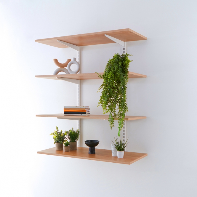 Twin Slot White Wall Mounted Shelving Kits With Oak Melamine Shelves