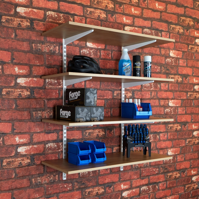 Garage Wall Mounted Shelving Kits In White with Oak Melamine Shelves