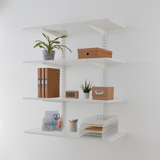 Office Wall Mounted Shelving Kits In White With White Melamine Shelves