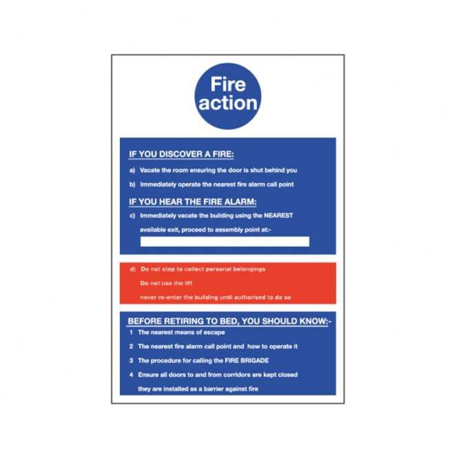 Fire Action Retiring To Bed Safety Signs